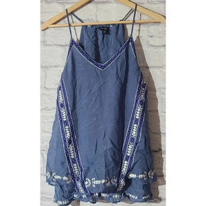 Lucky Brand Silk Tank Top Womens Size XS Blue White Spaghetti Straps Embroidered